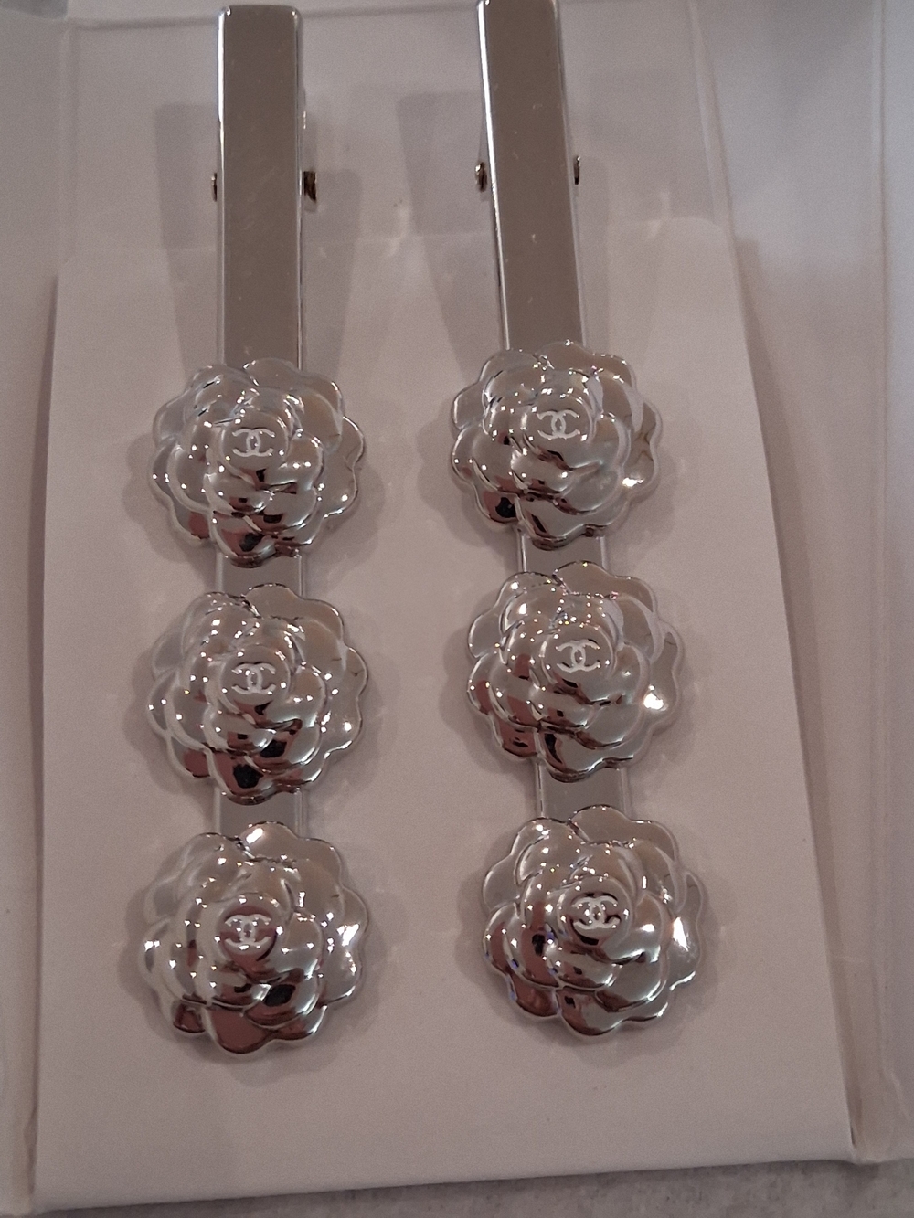Chanel VIP/GWP Silver Camellia Hair Clips - Set of 2
